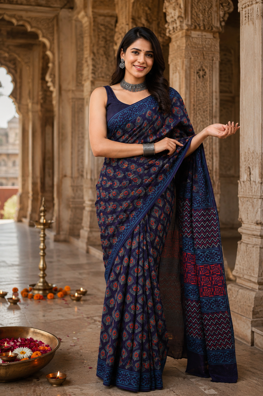 Navy Blue Bagru Hand Block Printed Cotton Mul Saree