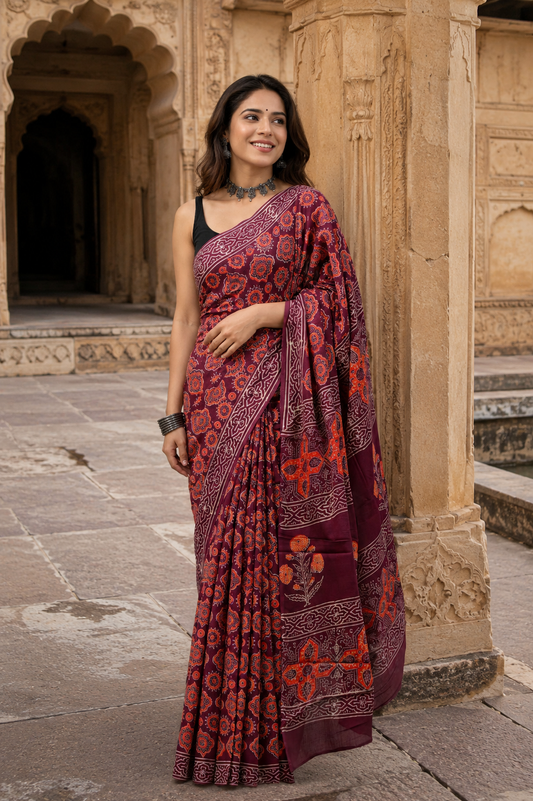 Maroon & Rust Bagru Hand Block Printed Cotton Mul Saree