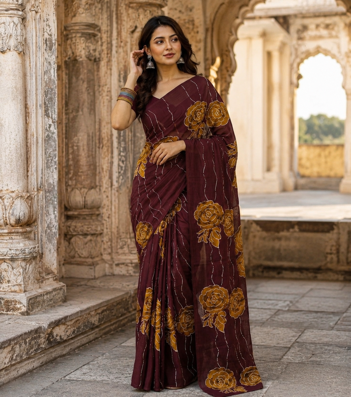 Deep Burgundy & Amber Gold Bagru Screen Print Soft Mulmul Cotton Saree