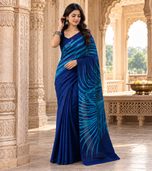 Midnight Navy & Peacock Teal Bagru Screen Print Soft Mulmul Cotton Saree