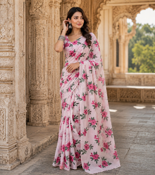 Blush Pink & Fuchsia Floral Bagru Screen Print Soft Mulmul Cotton Saree