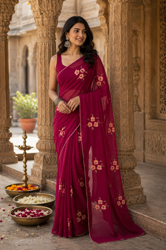 Deep Magenta & Blush Pink Bagru Screen Print Soft Mulmul Cotton Saree