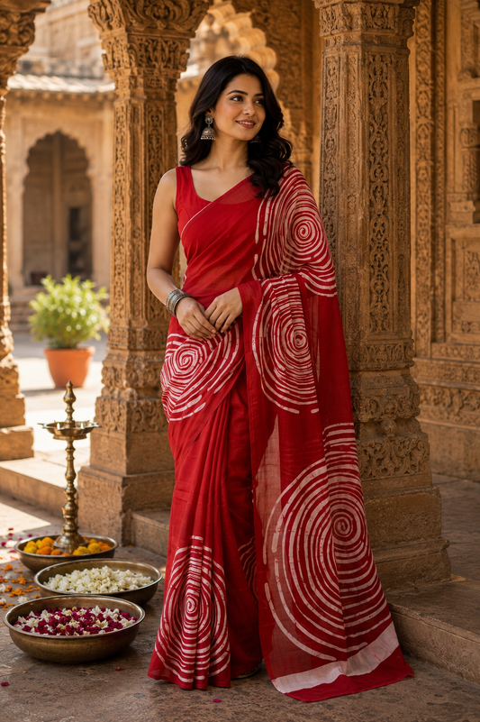 Vermillion Red & Ivory White Bagru Screen Print Soft Mulmul Cotton Saree