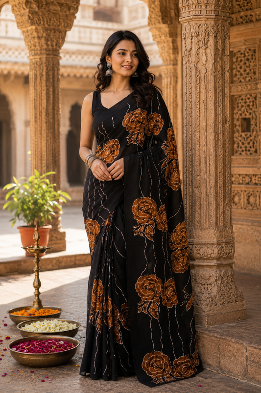 Noir Black & Amber Gold Bagru Screen Print Soft Mulmul Cotton Saree