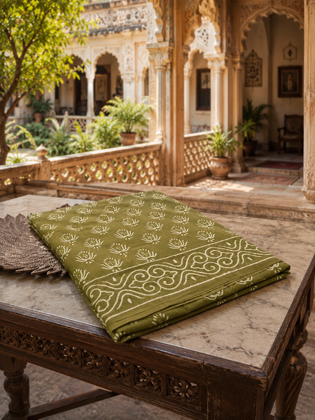 Olive Green Bagru Hand Block Print Cotton Mul Saree