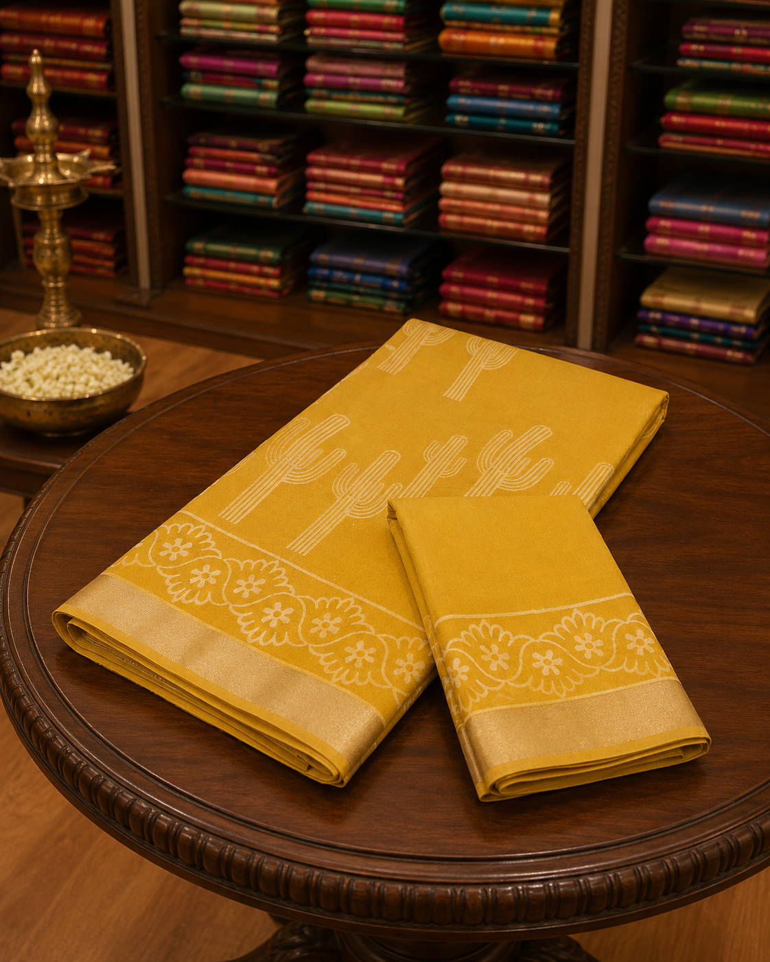 Mustard Yellow Hand Block Print Linen Saree