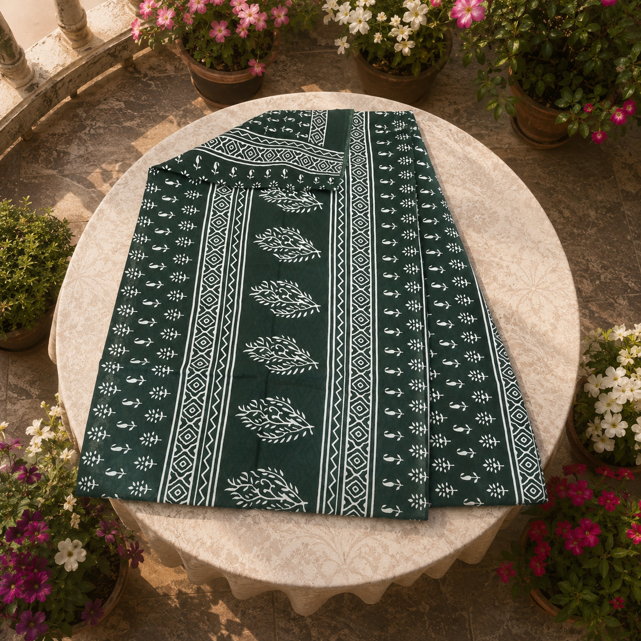Deep Green Bagru Screen Print Soft Mulmul Cotton Mul Saree