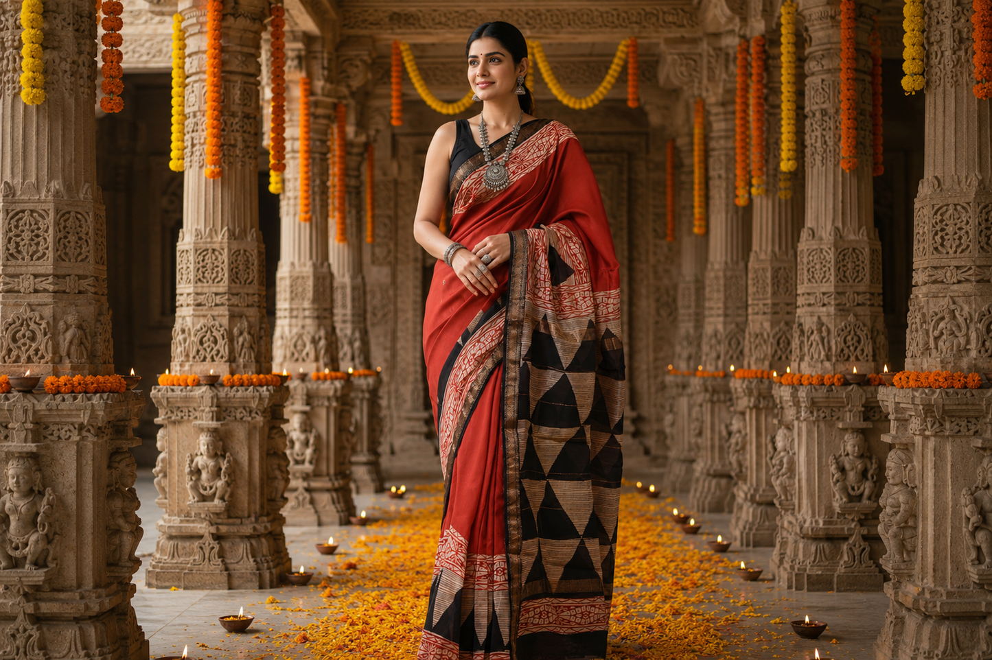 Rust Red & Black Heritage Collection Hand Block Printed Maheshwari Silk Saree
