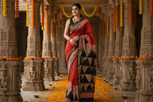 Rust Red & Black Heritage Collection Hand Block Printed Maheshwari Silk Saree