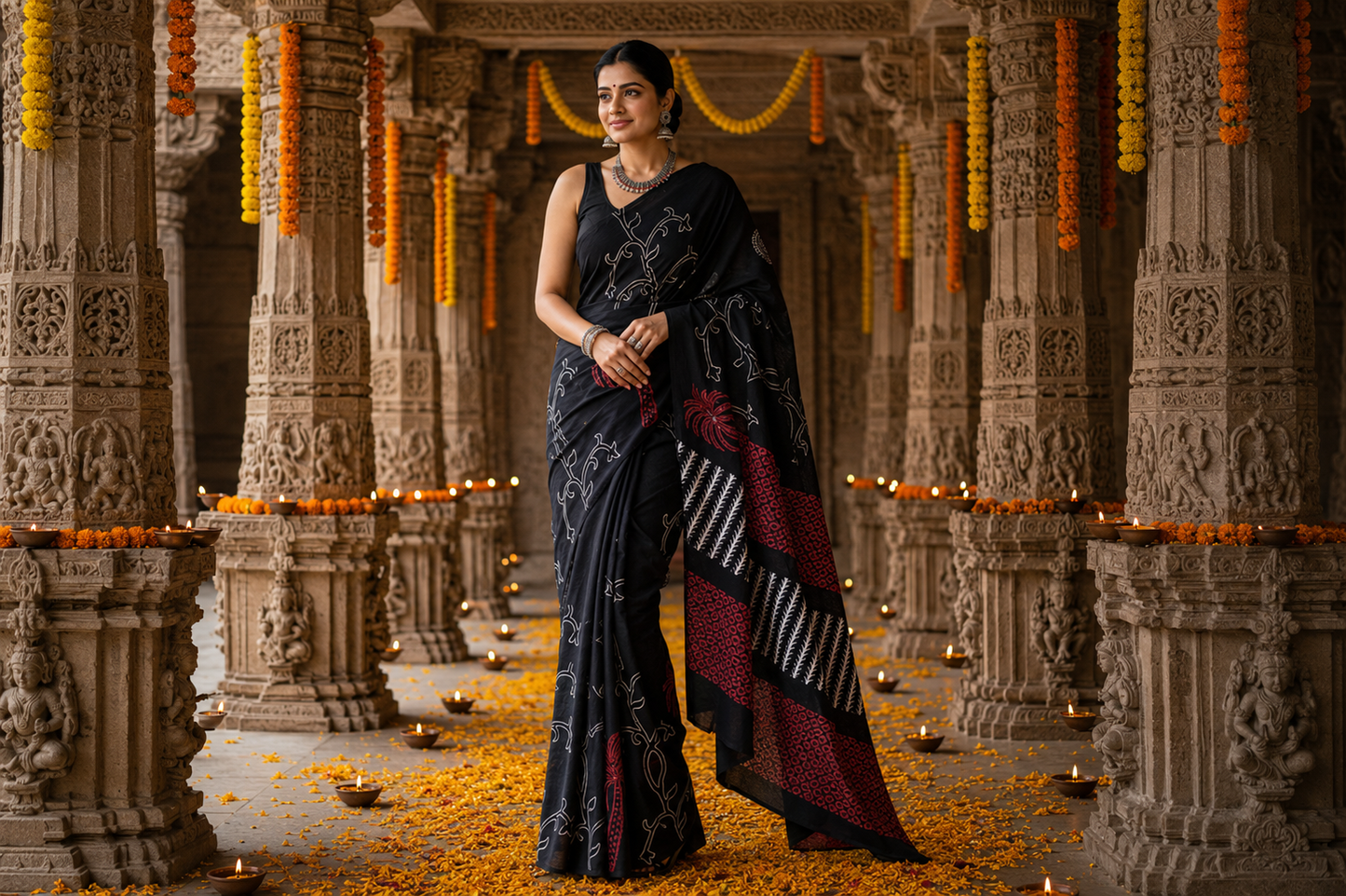 Black Elegance Bagru Hand Block Print Cotton Mul Saree