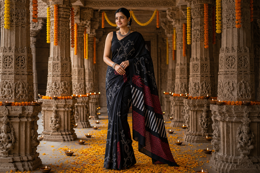 Black Elegance Bagru Hand Block Print Cotton Mul Saree