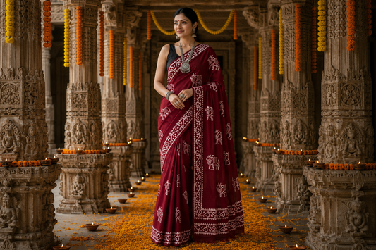 Maroon Elephant Motif Bagru Hand Block Printed Cotton Mul Saree