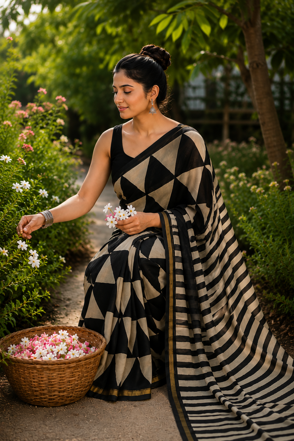 Black & Beige Natural Dye Hand Block Print Chanderi Silk Saree