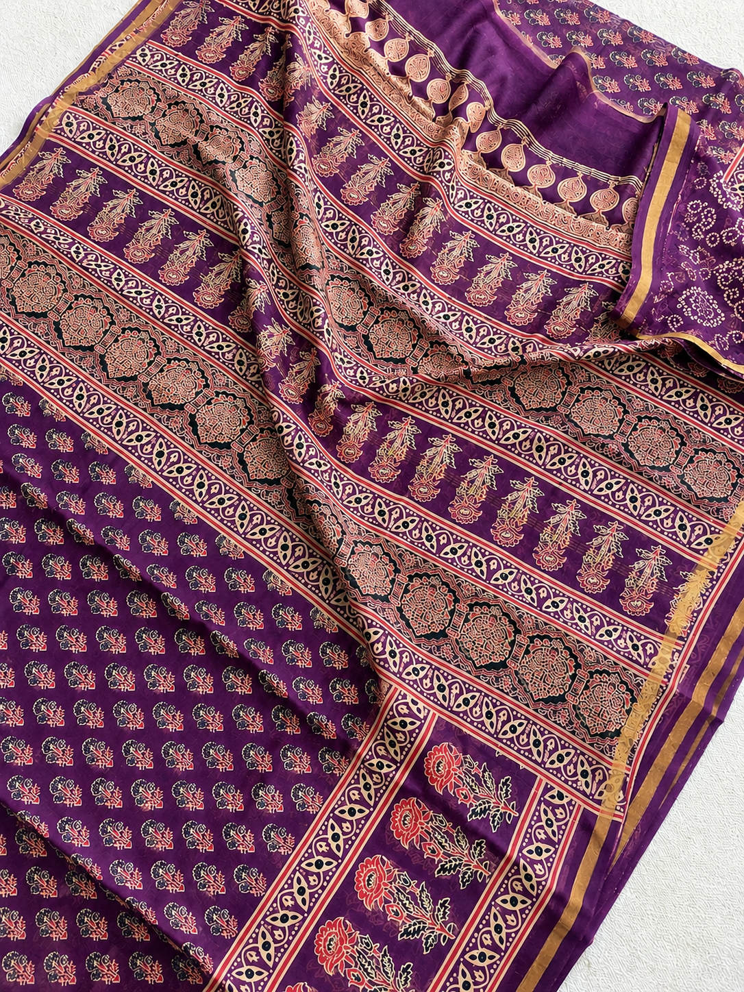 Purple Hand Block Print Chanderi Silk Saree