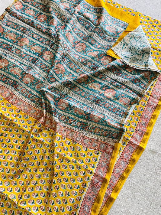 Sunshine Yellow & Teal Green Hand Block Print Chanderi Silk Saree