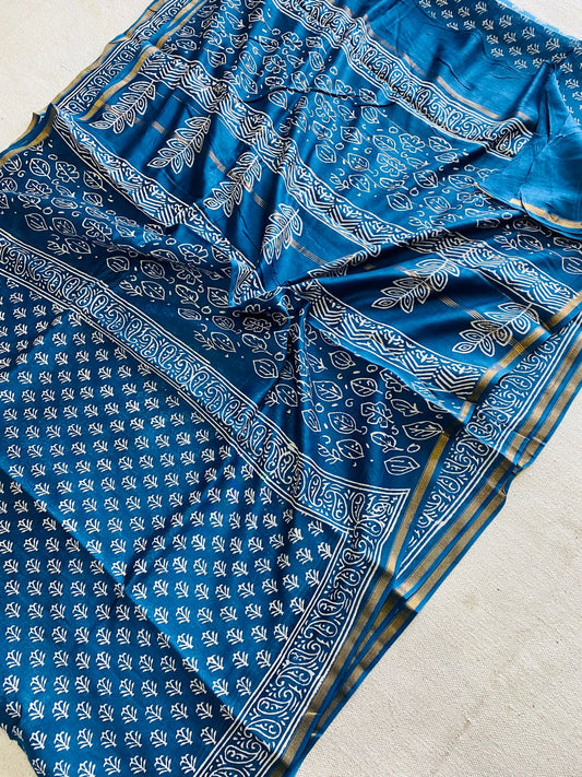 Royal Blue & White Hand Block Print Chanderi Silk Saree