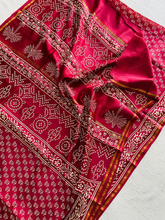 Deep Crimson Red Hand Block Print Chanderi Silk Saree