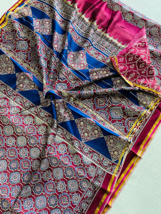 Deep Maroon & Royal Blue Hand Block Print Chanderi Silk Saree