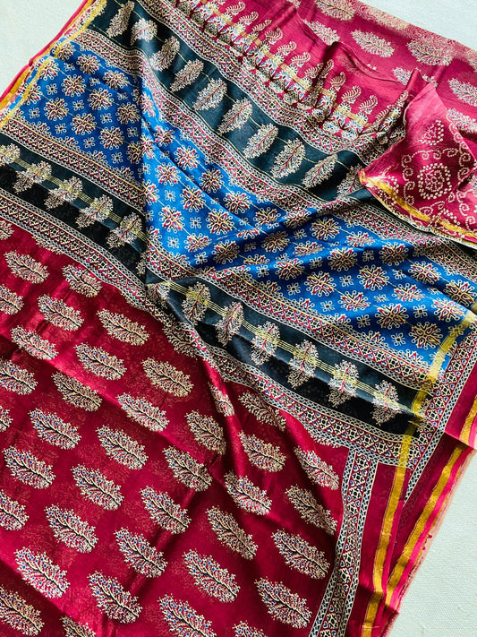 Deep Magenta Pink & Royal Blue Hand Block Print Chanderi Silk Saree