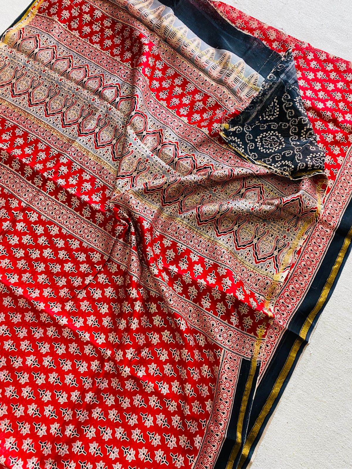 Vivid Red & Deep Black Hand Block Print Chanderi Silk Saree