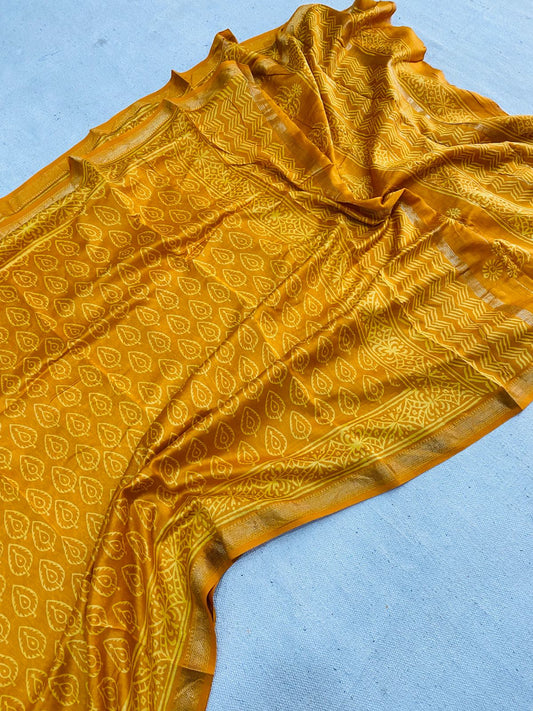 Mustard Gold Hand Block Print Maheshwari Silk Saree
