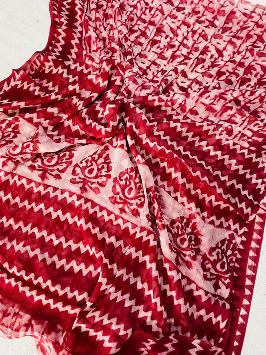 Deep Crimson & Ivory White Ajrakh Chevron Zigzag Bagru Hand Block Print Pure Double Diamond Chiffon Saree