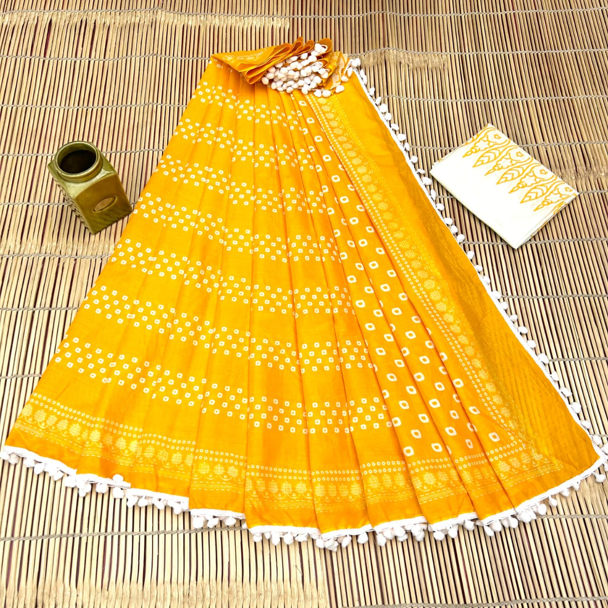 Vivid Sunshine Yellow & Authentic White Bandhani - Bagru Block Print Soft Cotton Mulmul Saree with Pom Pom