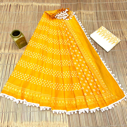 Vivid Sunshine Yellow & Authentic White Bandhani - Bagru Block Print Soft Cotton Mulmul Saree with Pom Pom
