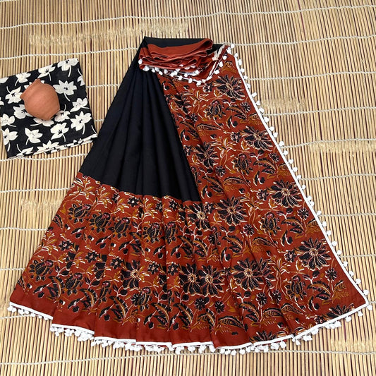 Deep Black Body & Grand Rust Brown Floral Garden Pallu Bagru Block Print Soft Cotton Mulmul Saree with Pom Pom
