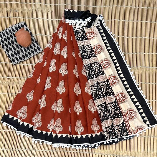 Rich Rust Brown & Bold Ivory Paisley Buti Bagru Block Print Soft Cotton Mulmul Saree with Pom Pom
