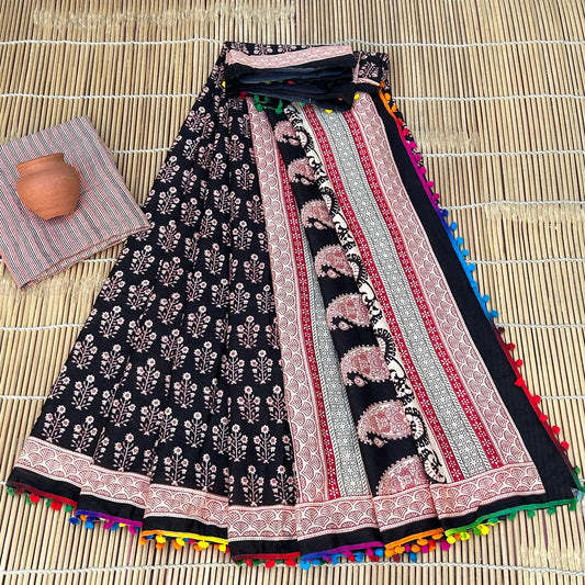 Deep Black & Dense White & Red Floral Sprig Buti Bagru Block Print Soft Cotton Mulmul Saree with Pom Pom