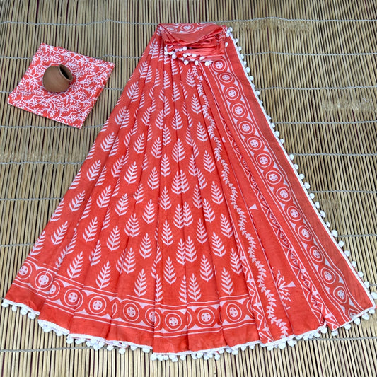 Warm Coral Red & Bold White Fern Leaf Buti Bagru Block Print Soft Cotton Mulmul Saree with Pom Pom