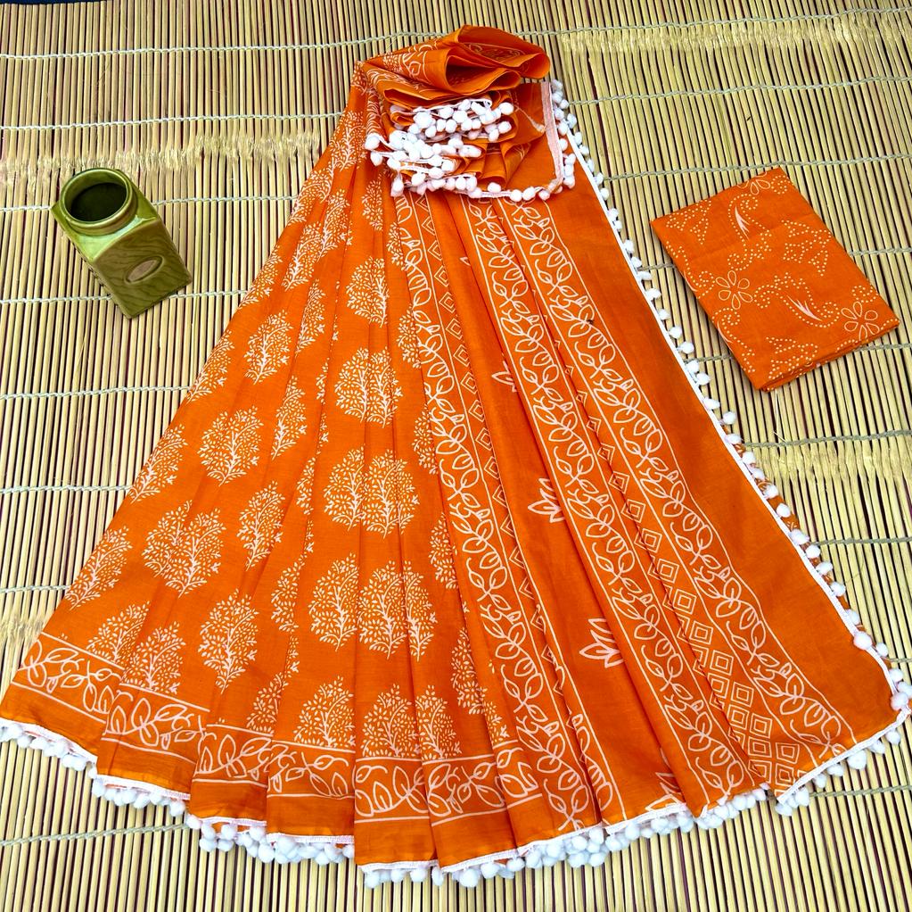 Vivid Marigold Orange & Grand White Tree-of-Life Buti Bagru Block Print Soft Cotton Mulmul Saree with Pom Pom