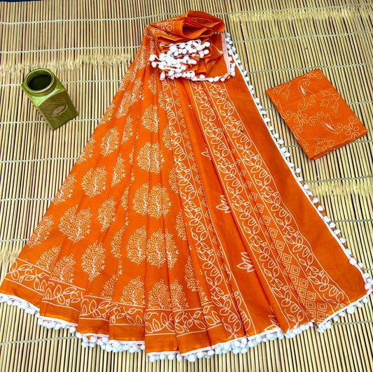 Vivid Marigold Orange & Grand White Tree-of-Life Buti Bagru Block Print Soft Cotton Mulmul Saree with Pom Pom