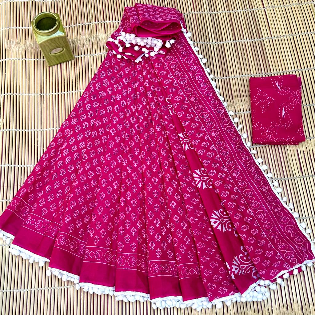 Vivid Rani Pink & Dense White Geometric Floral Buti Bagru Block Print Soft Cotton Mulmul Saree with Pom Pom