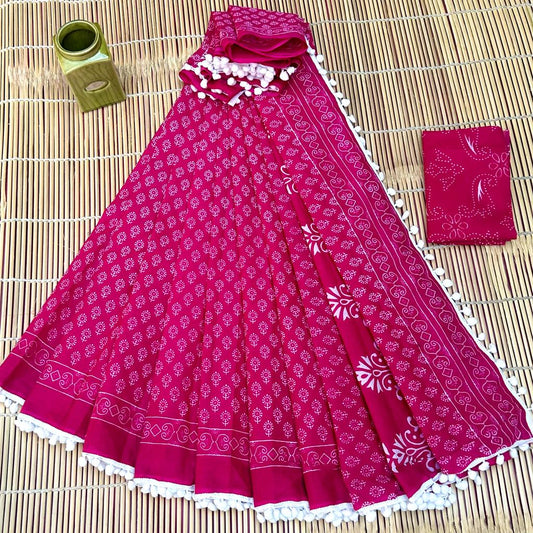Vivid Rani Pink & Dense White Geometric Floral Buti Bagru Block Print Soft Cotton Mulmul Saree with Pom Pom