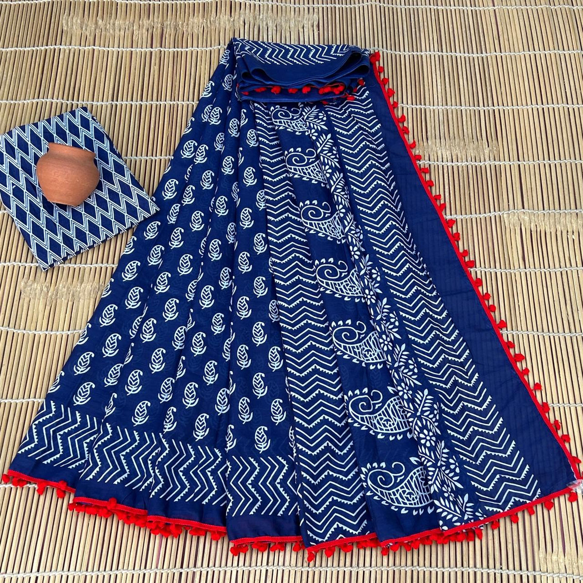 Deep Royal Blue & White Leaf Buti Bagru Block Print Soft Cotton Mulmul Saree with Pom Pom