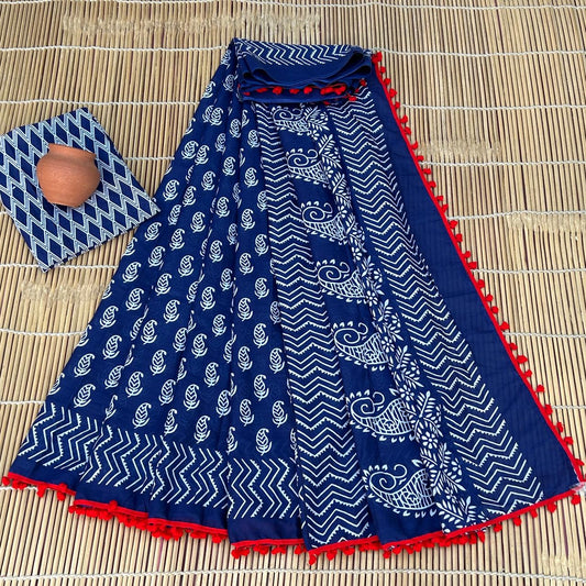 Deep Royal Blue & White Leaf Buti Bagru Block Print Soft Cotton Mulmul Saree with Pom Pom