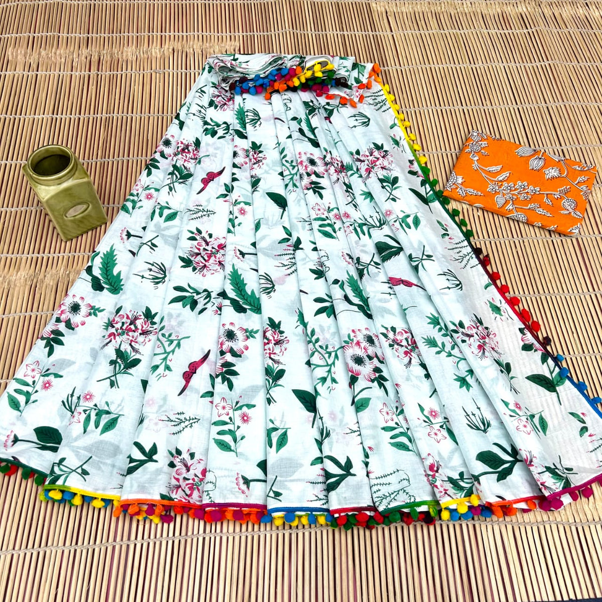 Soft Ice Blue White & Botanical Garden Print Bagru Block Print Soft Cotton Mulmul Saree with Pom Pom