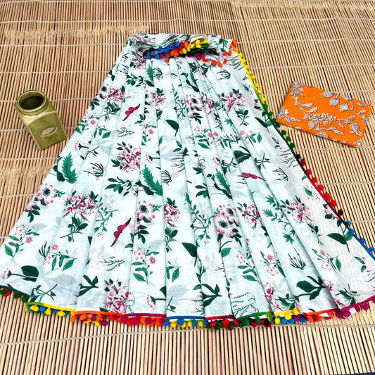 Soft Ice Blue White & Botanical Garden Print Bagru Block Print Soft Cotton Mulmul Saree with Pom Pom