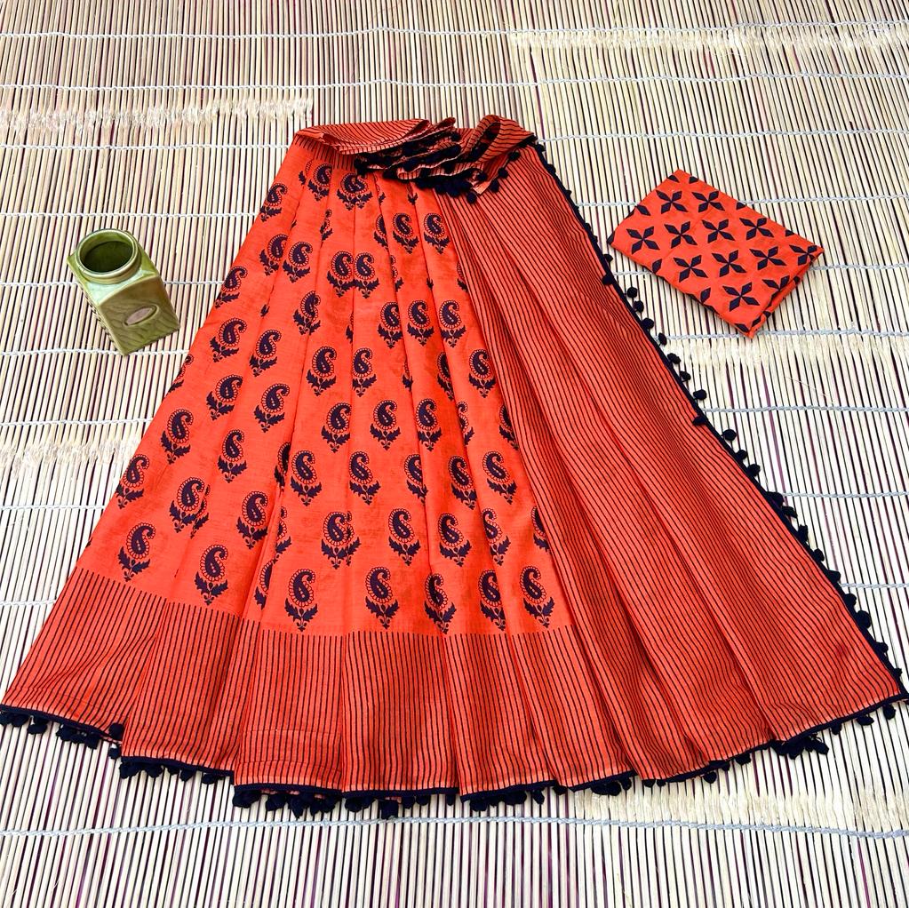 Vivid Coral Red & Bold Black Paisley Buti Bagru Block Print Soft Cotton Mulmul Saree with Pom Pom