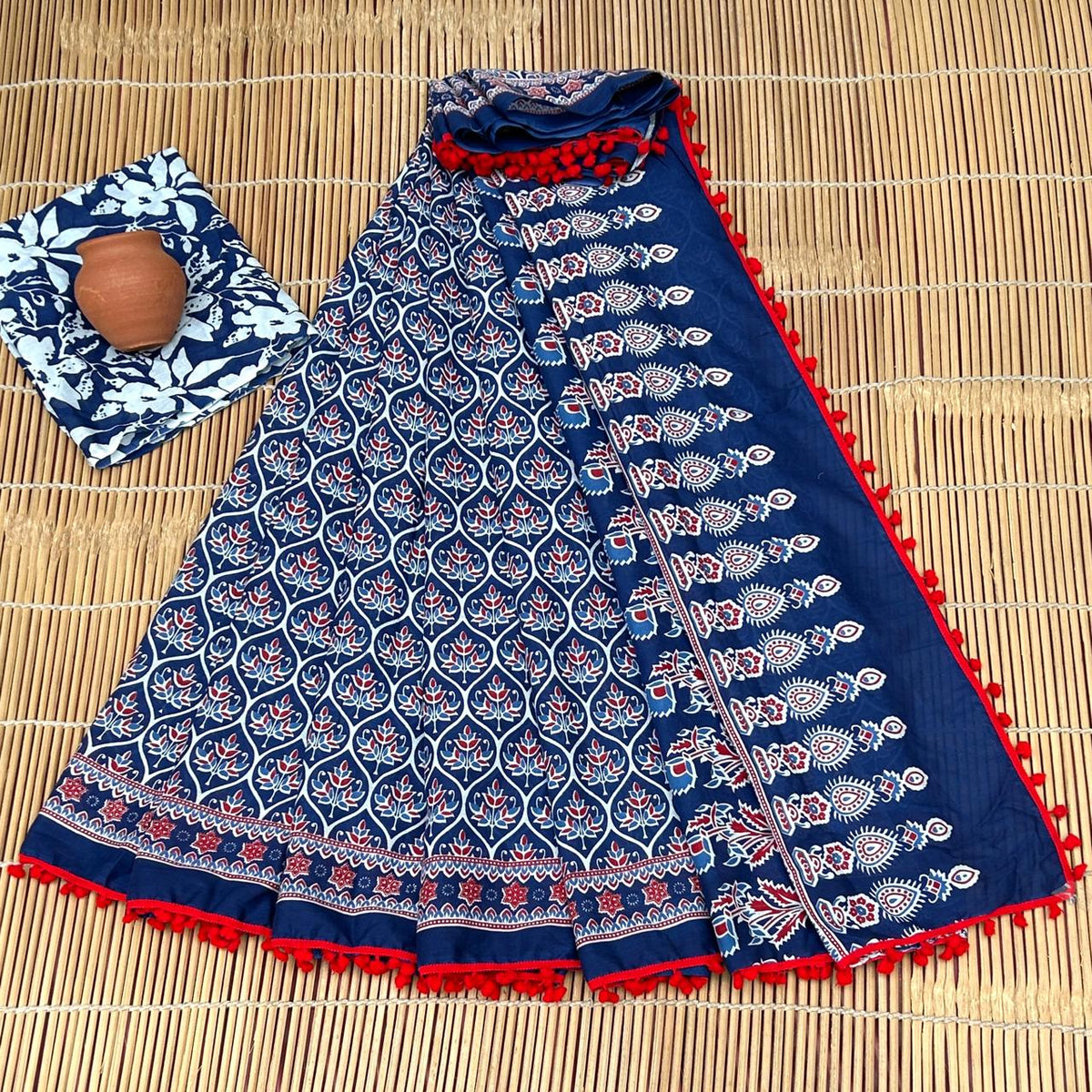 Deep Indigo Navy & Dense White & Red Ogee Floral Buti Bagru Block Print Soft Cotton Mulmul  with Pom PomSaree
