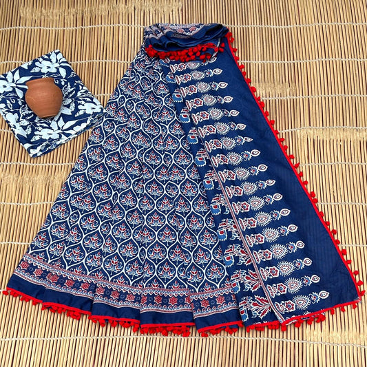 Deep Indigo Navy & Dense White & Red Ogee Floral Buti Bagru Block Print Soft Cotton Mulmul  with Pom PomSaree