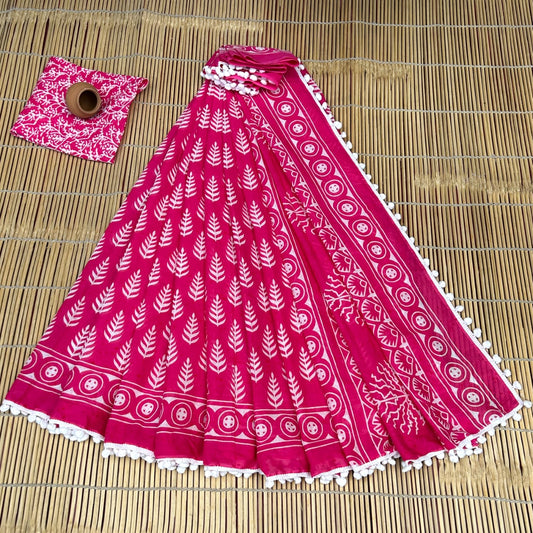 Vivid Rani Pink & Dense White Fern Leaf Buti Bagru Block Print Soft Cotton Mulmul Saree with Pom Pom