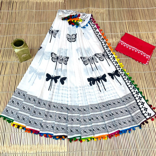 Crisp White & Bold Black Butterfly & Dragonfly Buti Bagru Block Print Soft Cotton Mulmul Saree with Pom Pom