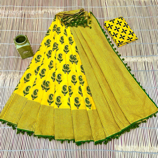 Sunshine Yellow & Bold Green Paisley Buti Bagru Block Print Soft Cotton Mulmul Saree with Pom Pom