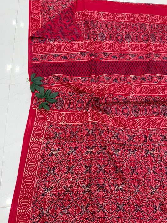 Crimson Red Heritage Elegance Bagru Hand Block Print Cotton Mul Saree