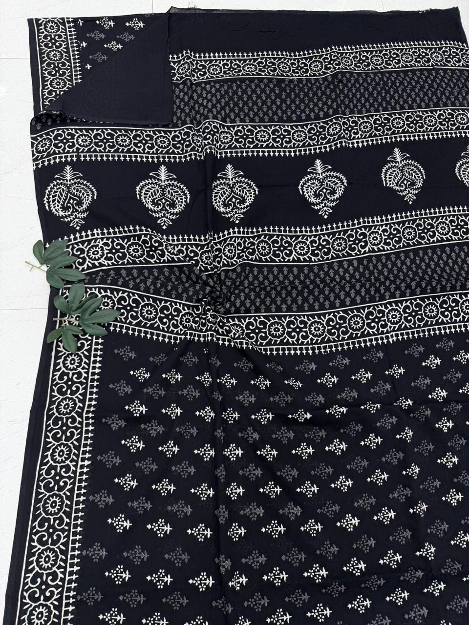 Classic Midnight Black Heritage Elegance Bagru Hand Block Print Cotton Mul Saree