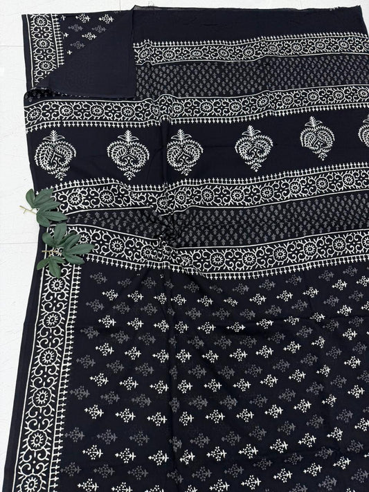 Classic Midnight Black Heritage Elegance Bagru Hand Block Print Cotton Mul Saree