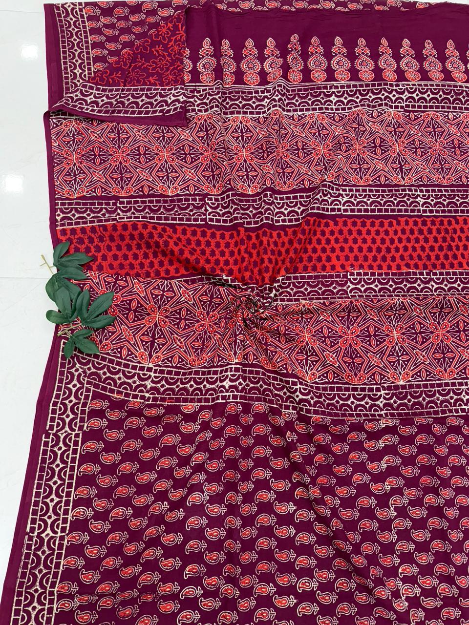 Royal Plum Heritage Elegance Bagru Hand Block Print Cotton Mul Saree